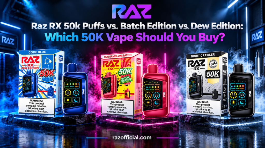 Raz Rx 50K Puffs Vs. Raz Batch Edition Vs. Raz Dew Edition: Which 50K Vape Should You Buy? 1 Neon Raz Vape Showcase Three 50K Editions 1